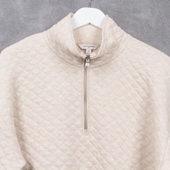 BANANA REPUBLIC Quilted Quarter Zip Sweatshirt Beige Oatmeal Heather Sz S - Picture 3 of 6